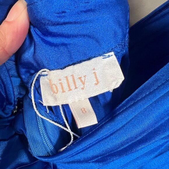 Billy J Gina Maxi Dress Size 8 US 4 Blue Satin Pleated Event Formal Wedding - Picture 4 of 13